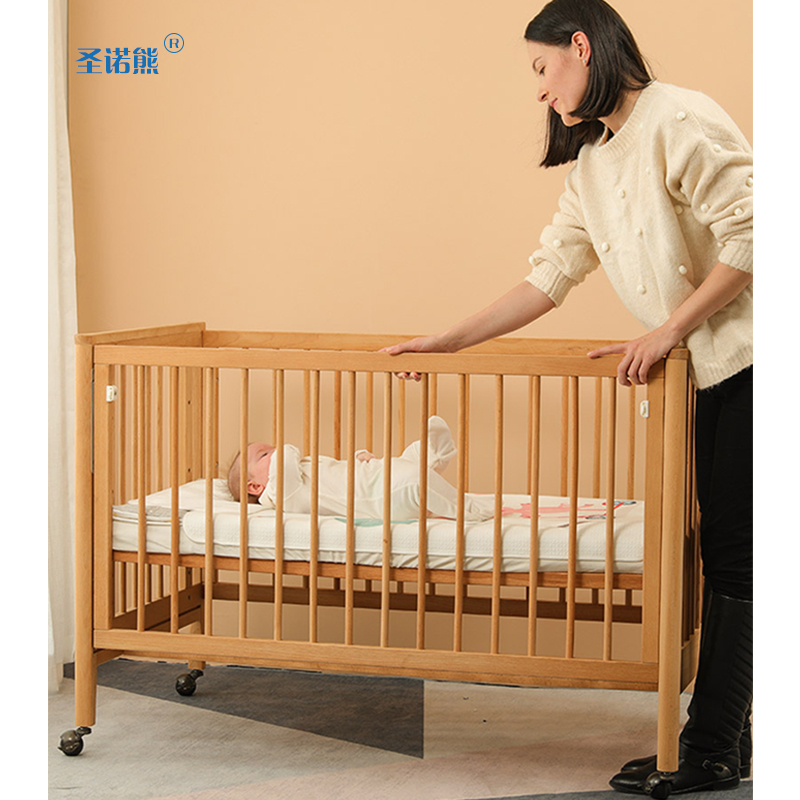 纯实木婴儿床拼接大床新生儿榉木无漆游戏床bb床易安装带轮宝宝床